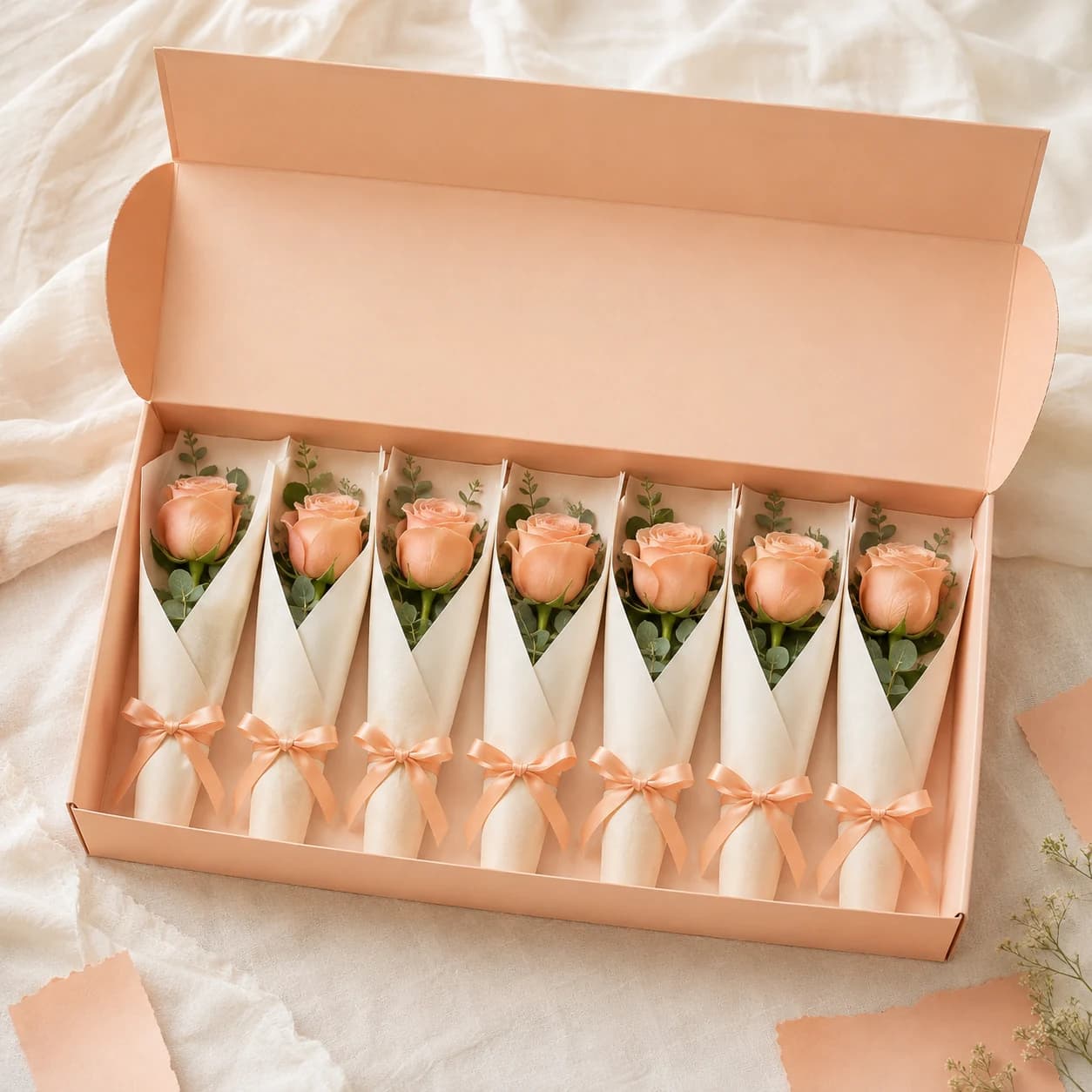 Seven wrapped roses presented together