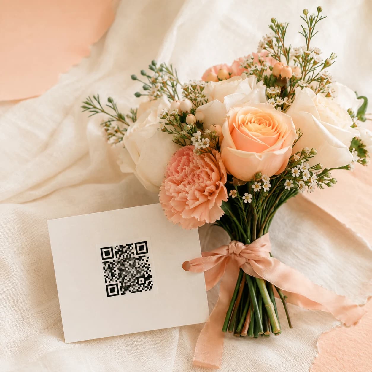 A small card with a QR code beside a bouquet